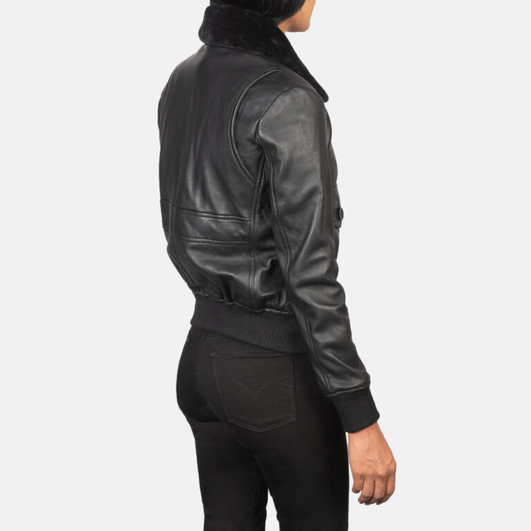 Womens Stella G-1 Black Leather Bomber Jacket Tilted Back-8-1652201345314